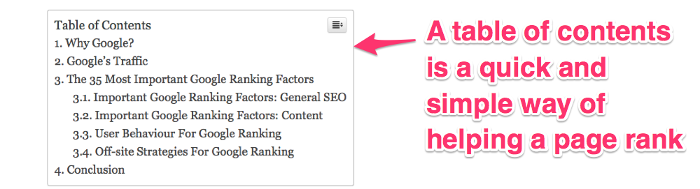 google ranking factors table of contents