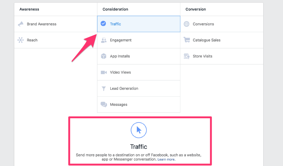 facebook ad campaign objectives guide traffic